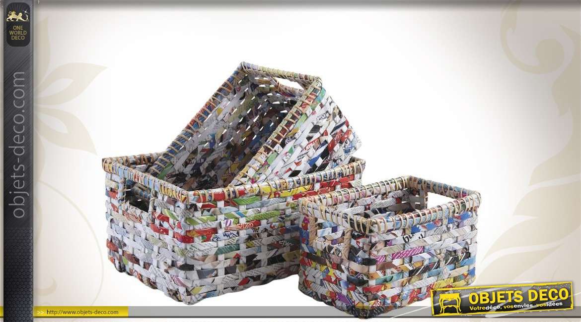 Trio de corbeilles multicolores en papier recyclé