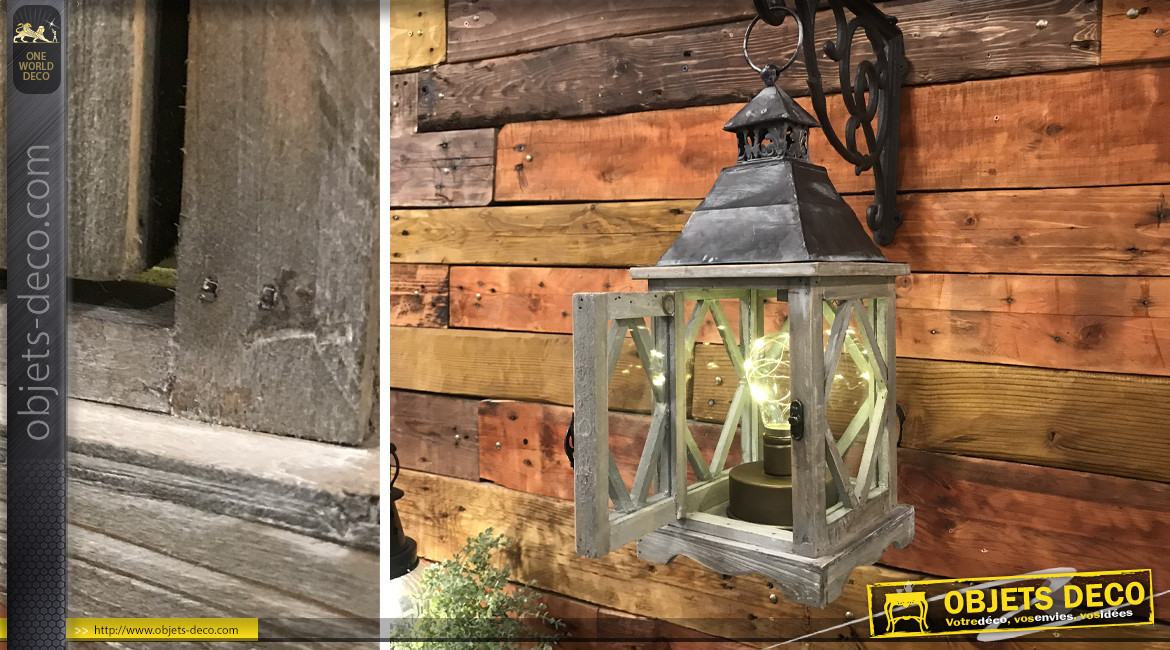 Lanterne en bois effet vieilli et verre avec fenêtres en croisillons, 38cm