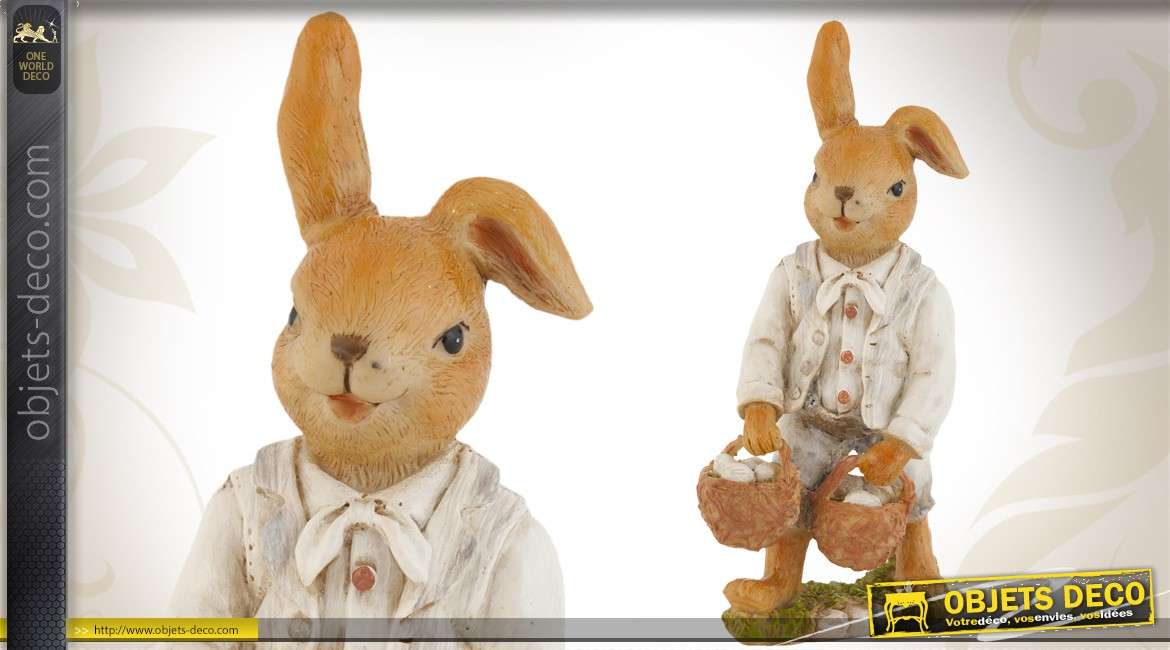 Décoration de Pâques : Statuette petit garçon lapin avec paniers