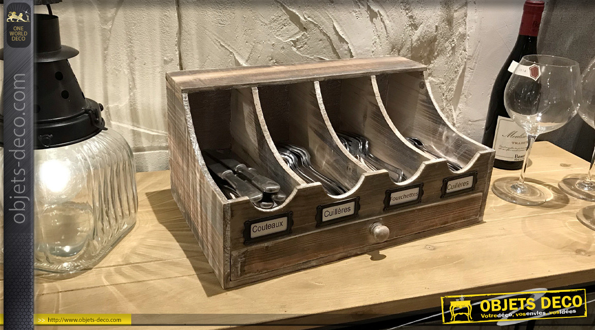 Range-couverts 4 casiers en bois finition vieillie avec tiroir, 40cm