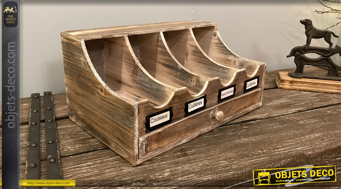 Range-couverts 4 casiers en bois finition vieillie