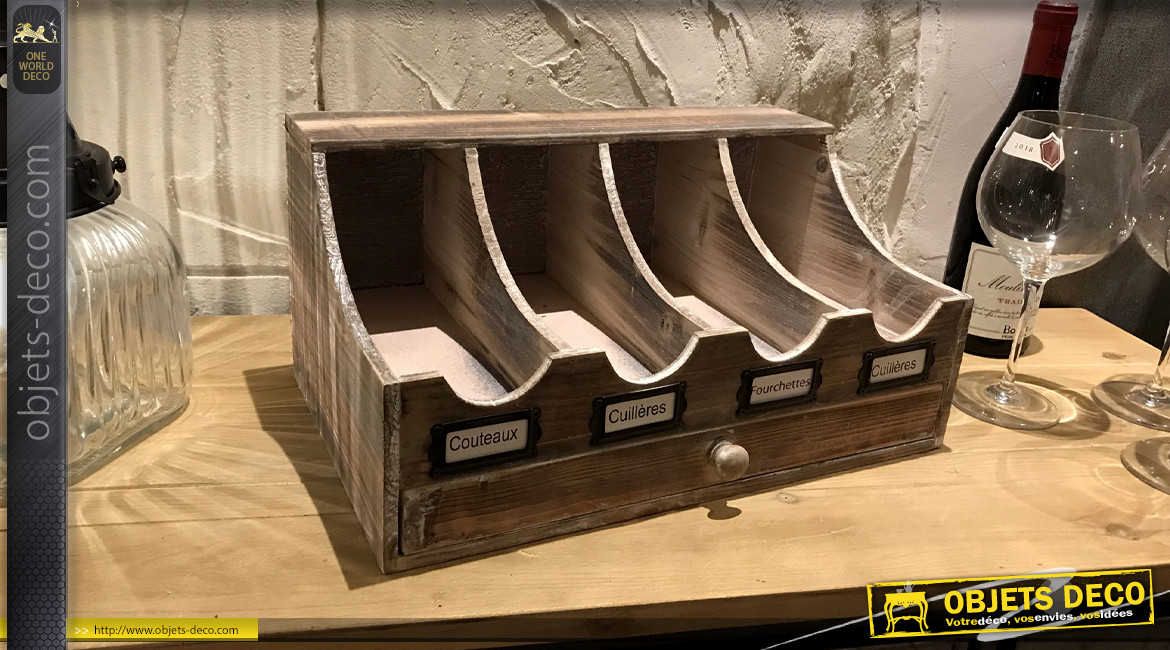 Range-couverts 4 casiers en bois finition vieillie avec tiroir, 40cm