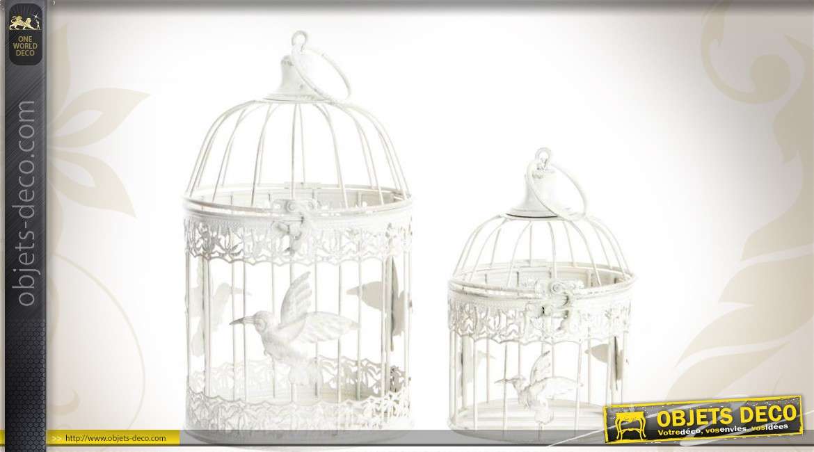 Série de deux petites cages à oiseaux en métal coloris blanc