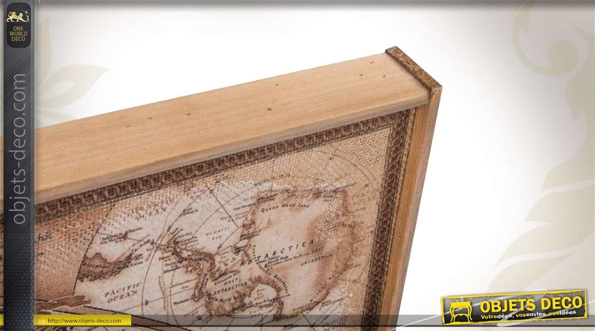 Grande mappemonde antique en tissu tendu sur cadre bois
