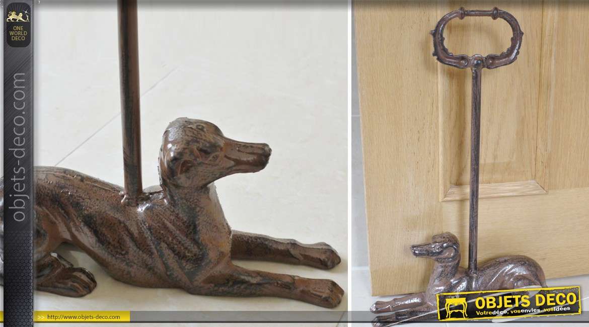 Bloque-porte fonte avec poignée et statuette chien coloris marron