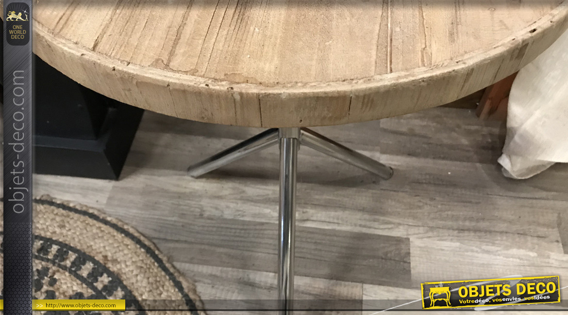 Table ronde de style industriel en bois léger et métal argenté, Ø50cm