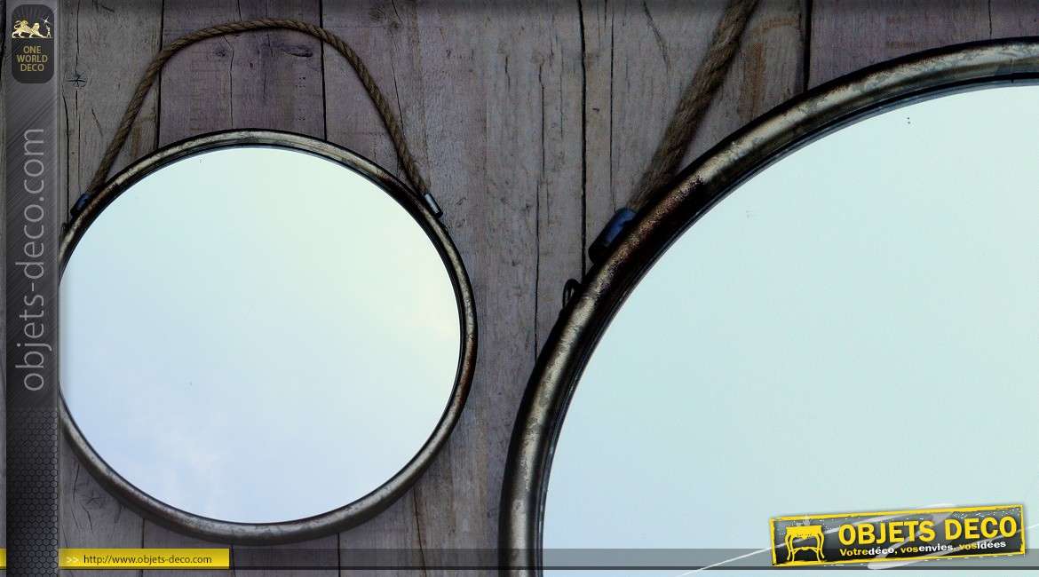 Grand miroir à suspendre rond métal vieilli et cordage ancien 52 cm