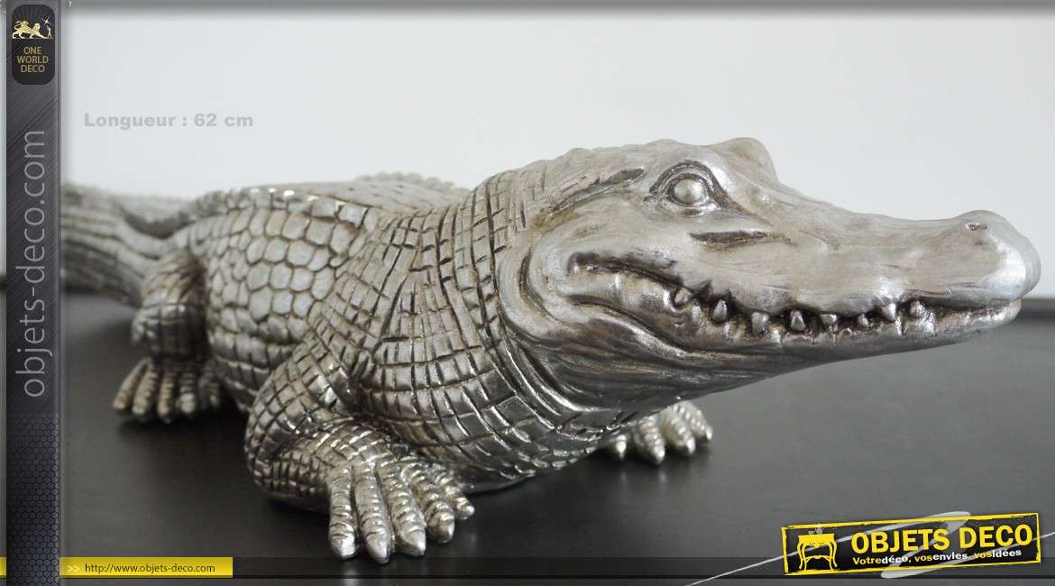 Statuette argentée en forme de grand crocodile 62 cm