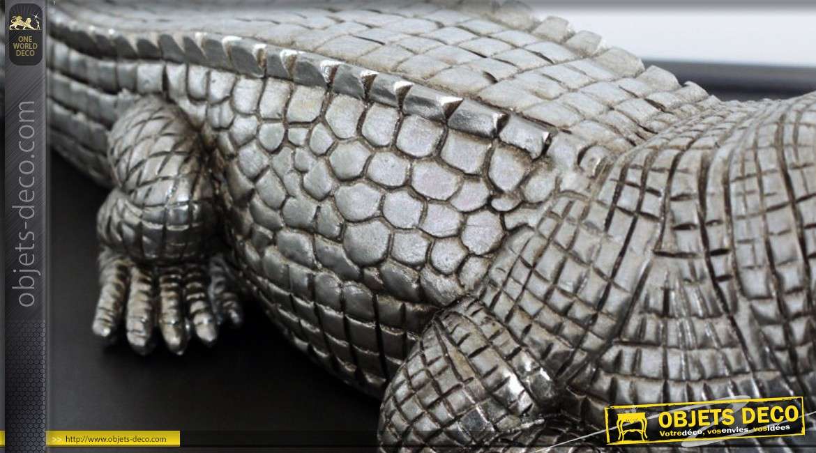 Statuette argentée en forme de grand crocodile 62 cm
