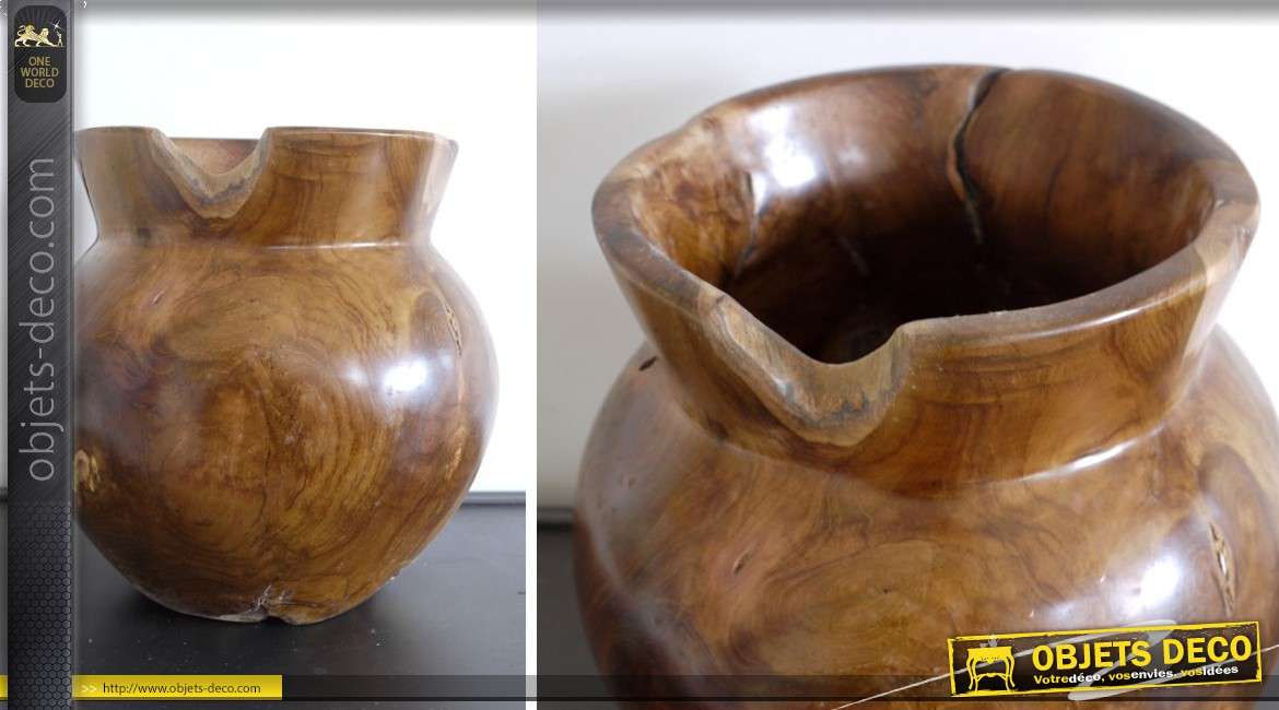 Vase artisanal sculpté en teck 30 cm