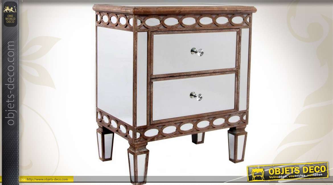 Table de nuit à deux  tiroir en bois et miroir style Art Déco