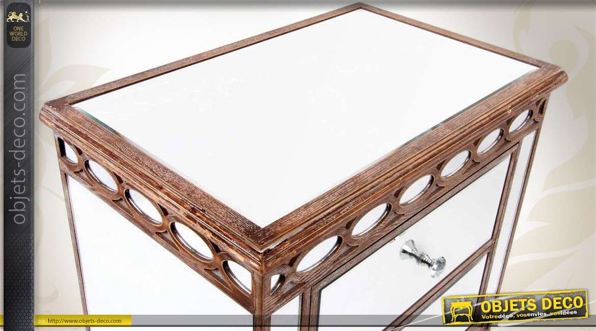 Table de nuit à deux  tiroir en bois et miroir style Art Déco