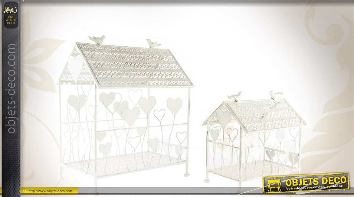 Série de 2 cages à oiseaux blanches en forme de maisonnettes