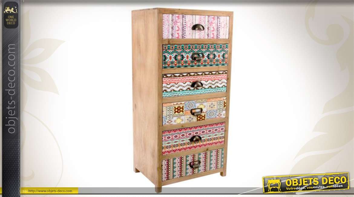 Chiffonnier en bois à 6 tiroirs chargés de motifs colorés