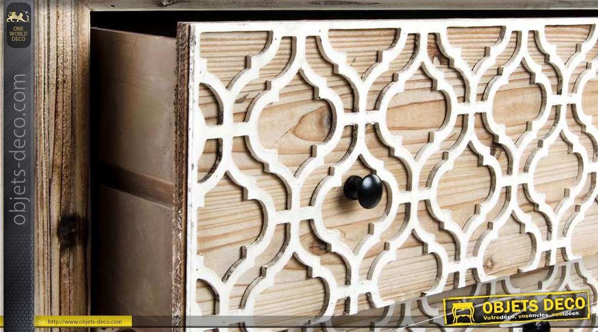 Commode à 3 tiroirs style bois massif et motifs Art Déco