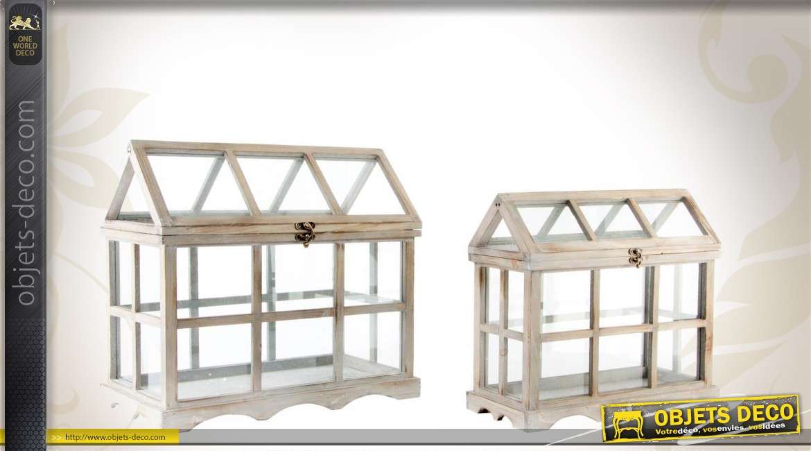 2 mini-serres d'intérieur en bois vieilli et en verre