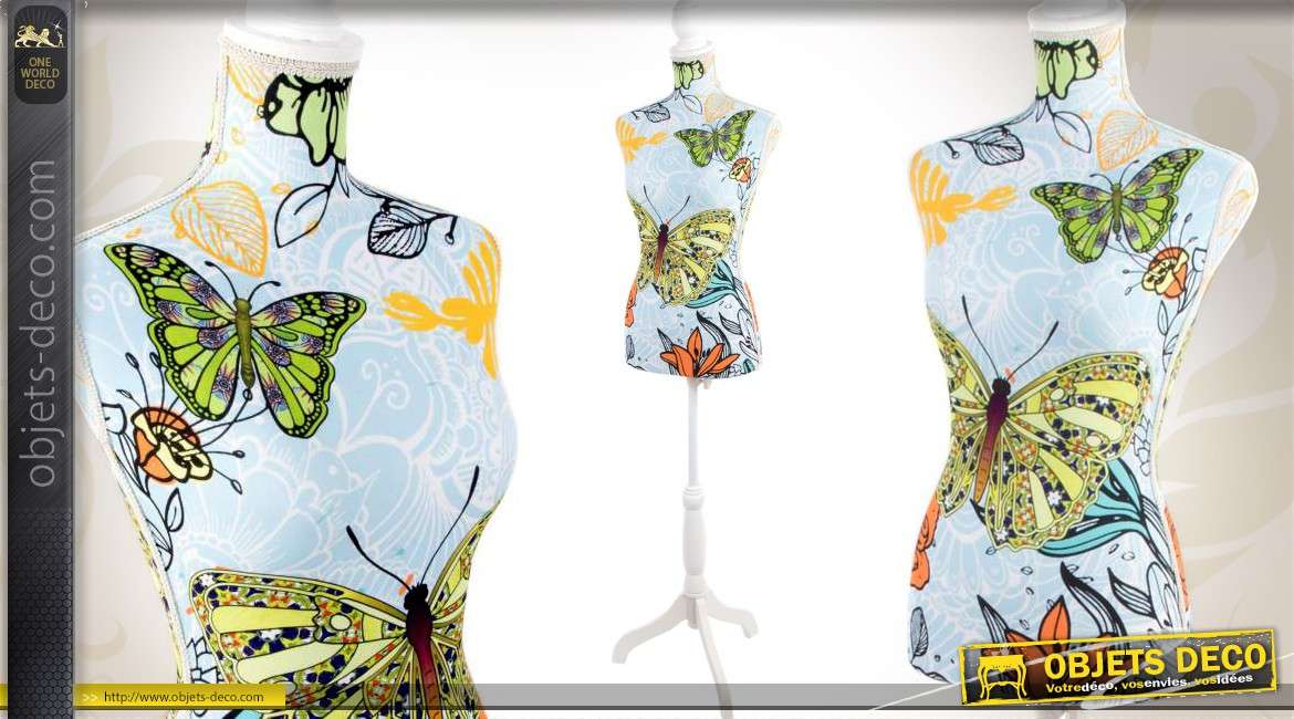 Buste mannequin de couture bois et tissu motifs papillons colorés