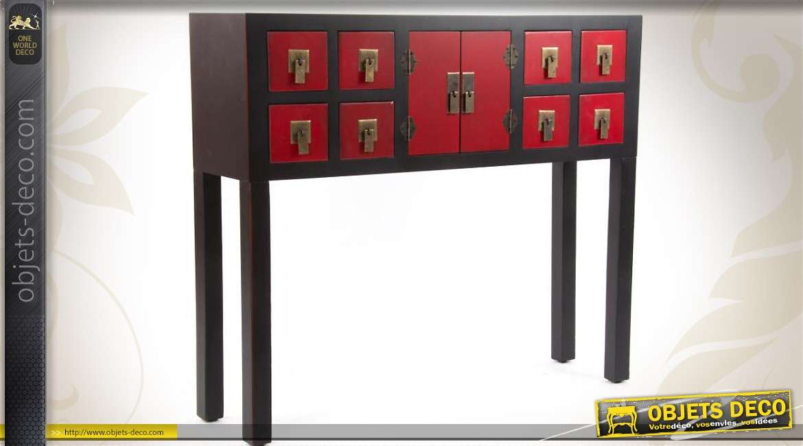 Console rouge et noir de style japonais à 8 tiroirs et 2 portes