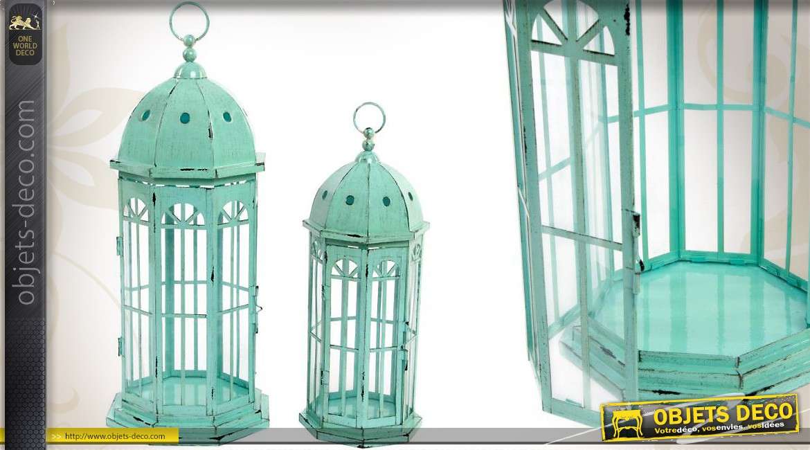Série de 2 lanternes hexagonales style rétro coloris vert antique