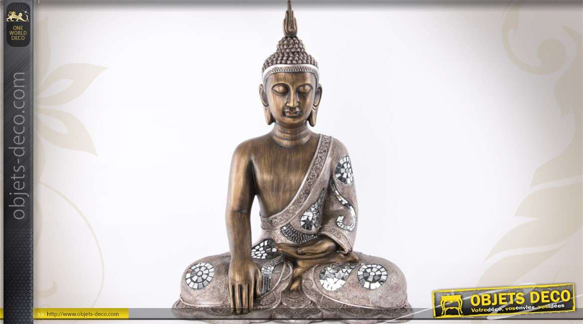 Statuette de bouddha assis finition bronze doré et miroirs 61 cm
