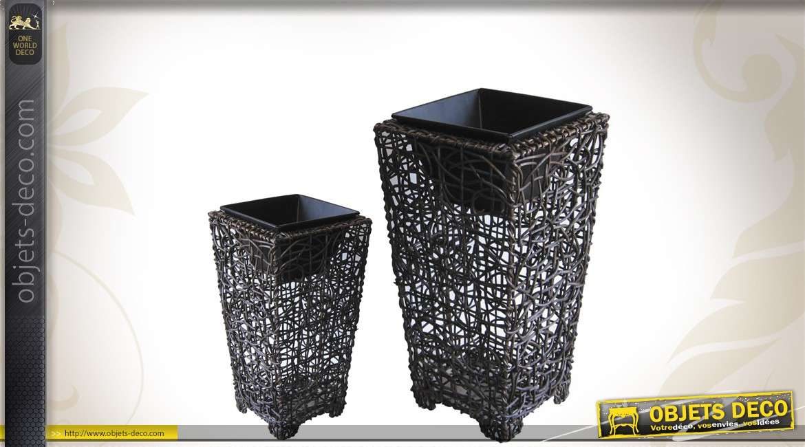 Série de 2 cache-pots décoratifs en rotin et métal