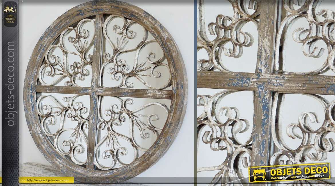 Grand miroir rond rustique et brocante bois et métal Ø 72 cm
