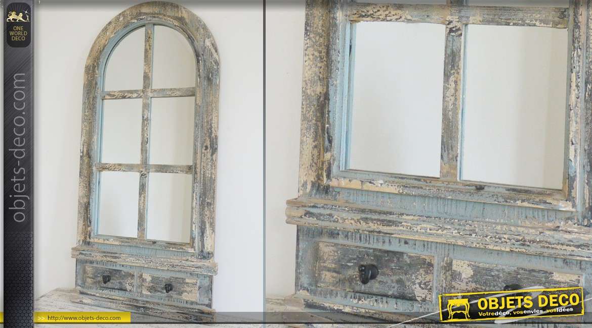 Miroir fenêtre en arcade de style rustique et brocante 111 cm