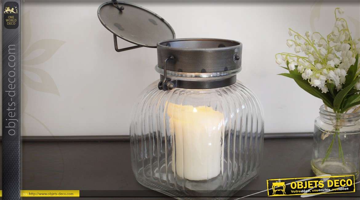 Lanterne rétro en forme de bocal en verre cannelé 24 cm