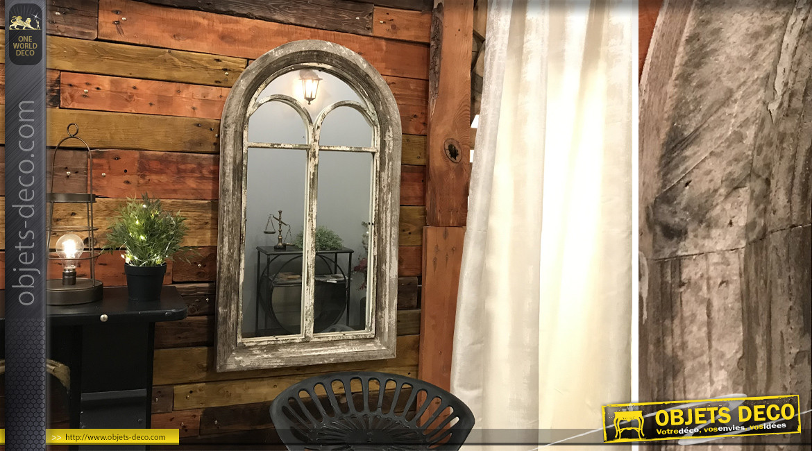 Miroir fenêtre en bois ancien à fronton en arcade 94 cm