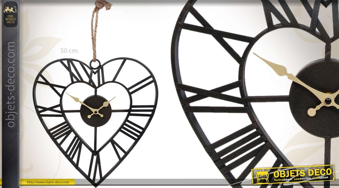 Horloge murale en métal grand coeur ajouré à suspendre 50 cm