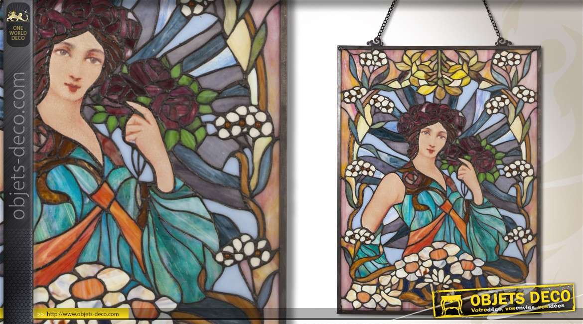 Cadre mural rétro suspendu en vitrail Tiffany : portrait femme