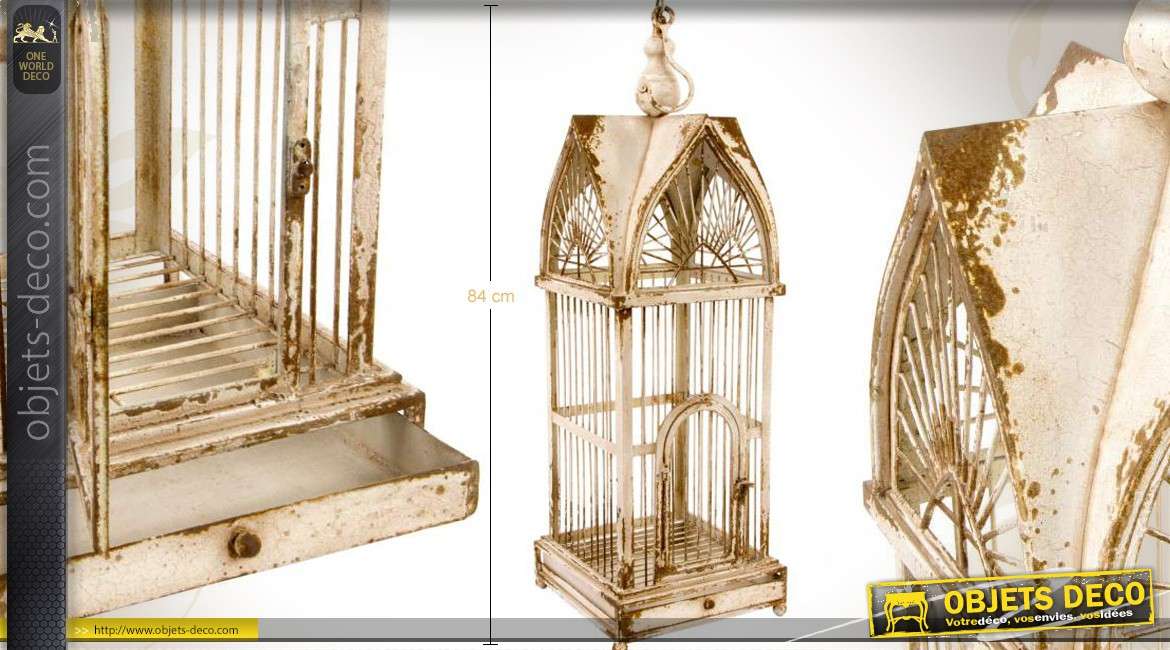 Haute cage à oiseaux métal crème antique forme maison 84 cm