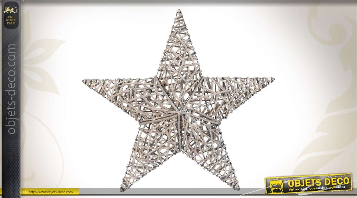 Grande étoile décorative en rotin gris finition blanchie 106 cm