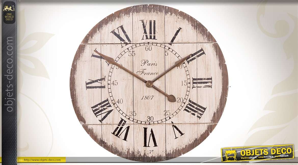 Horloge décorative en bois vieilli patiné blanc