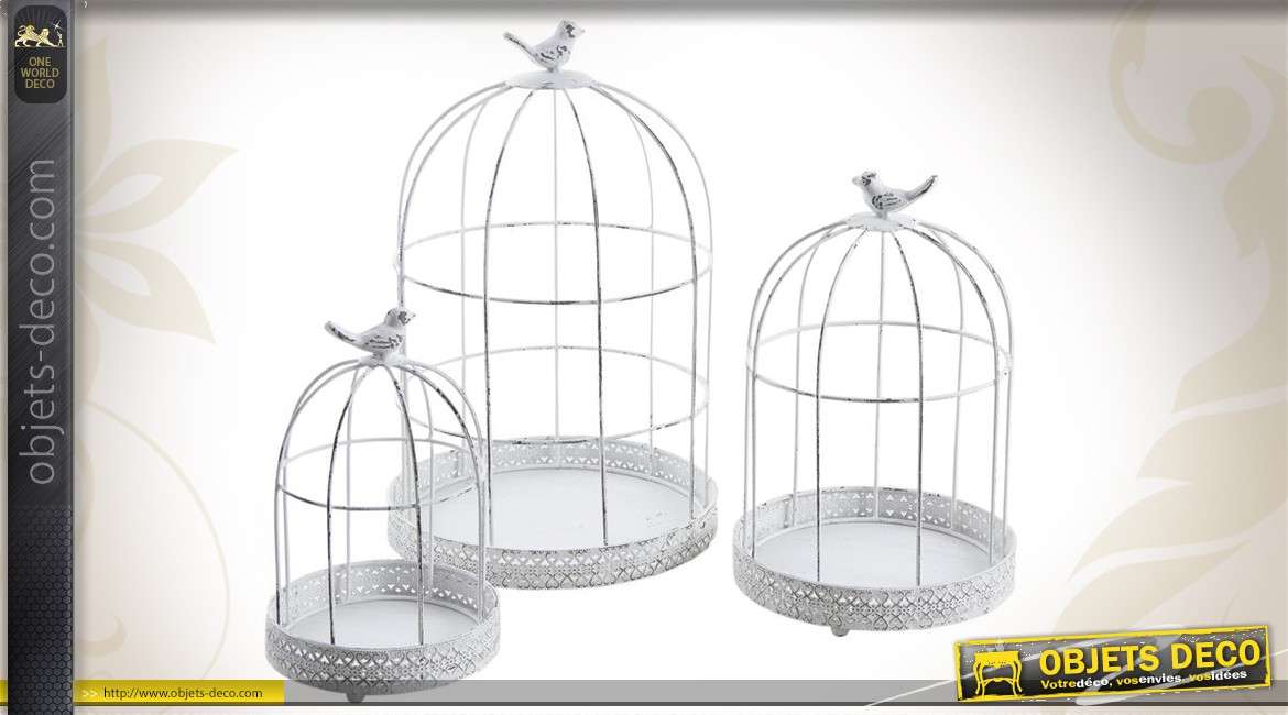 Série de 3 cages à oiseaux coloris blanc en métal