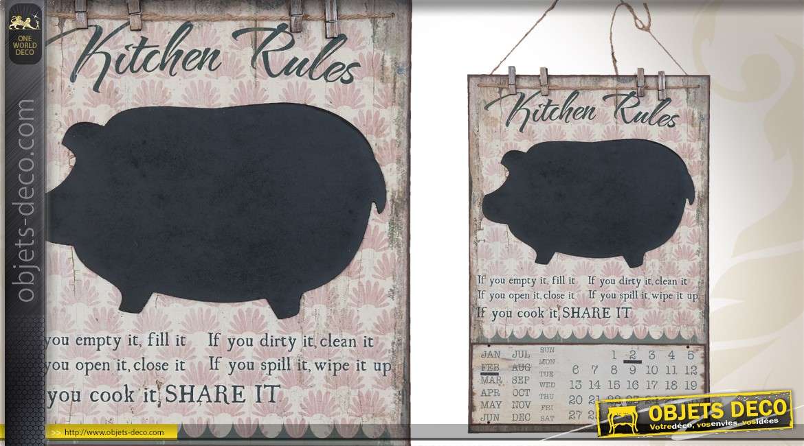 Tableau noir en forme de cochon avec calendrier de style vintage