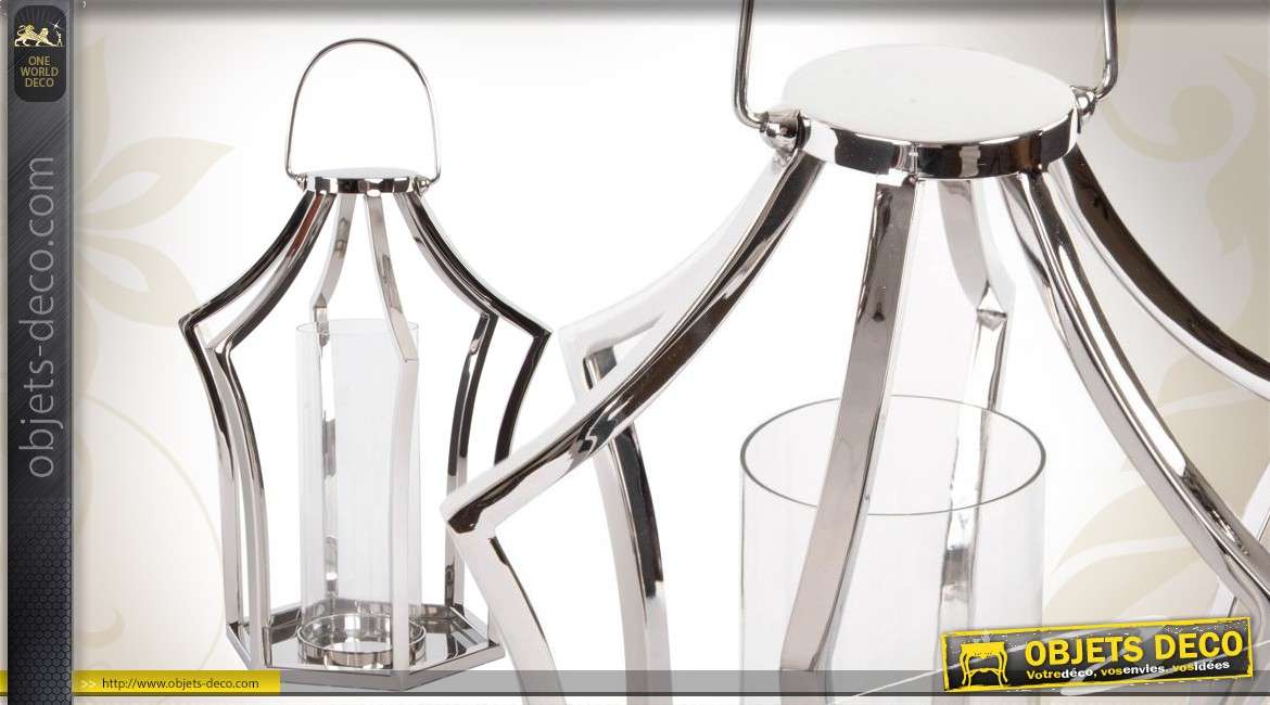 Lanterne décorative en métal chromé avec photophore en verre