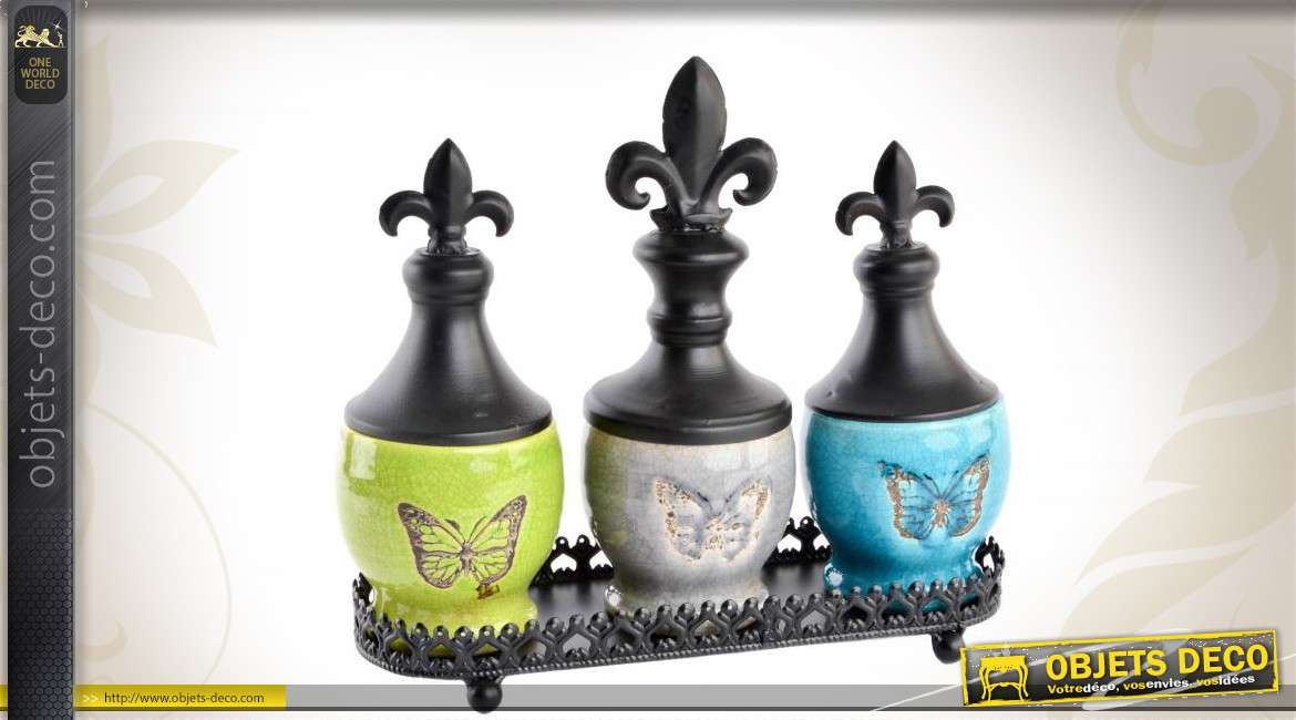 Trio de pots décoratifs sur plateau motifs papillons et fleurs de lys