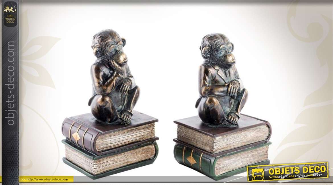 Paire de serre-livres vintage avec figurines de singes