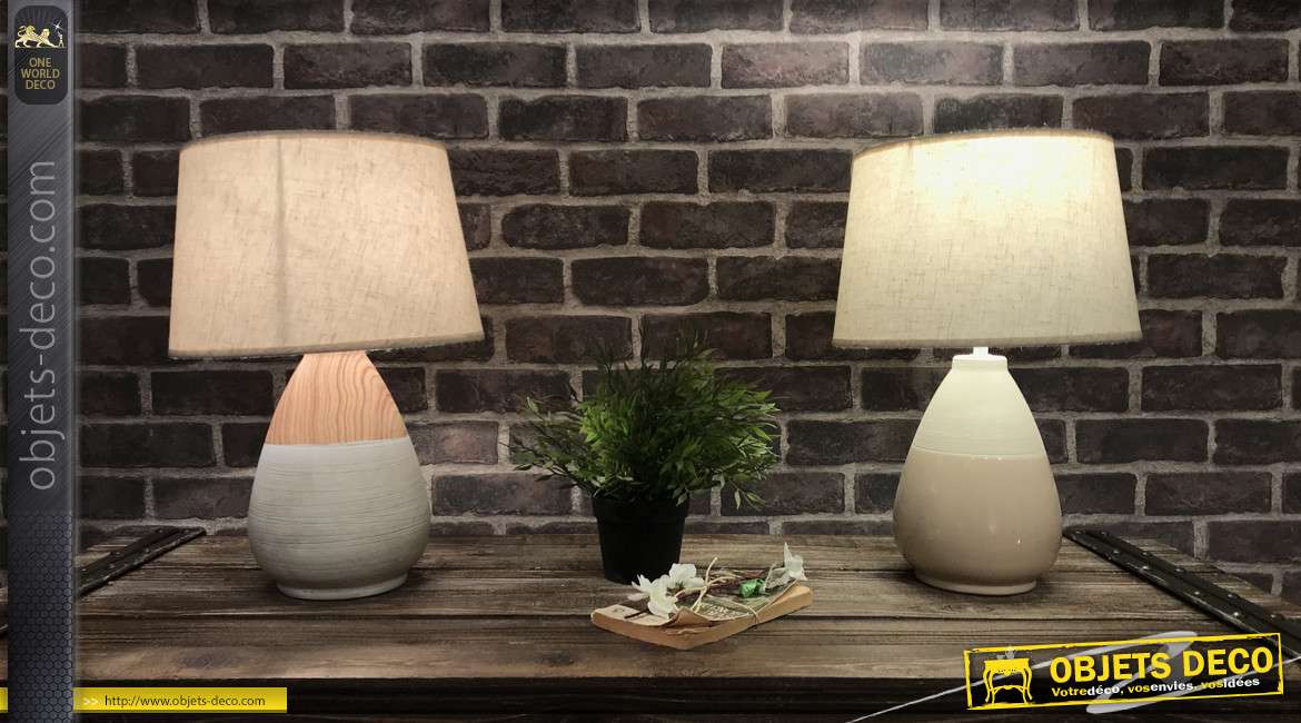 Duo de lampes de table déco en céramique, finition claire et effet bois, 41cm