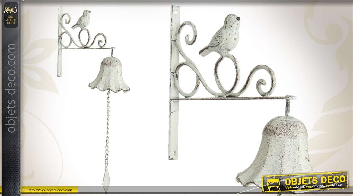 Cloche de porte patinée blanc vieilli en métal avec miniature d'oiseau