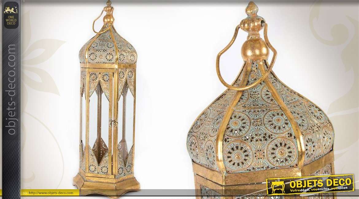Grande lanterne hexagonale dorée de style oriental 66 cm