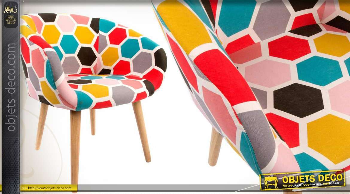 Fauteuil contemporain en bois et en tissu à motifs coloris variés