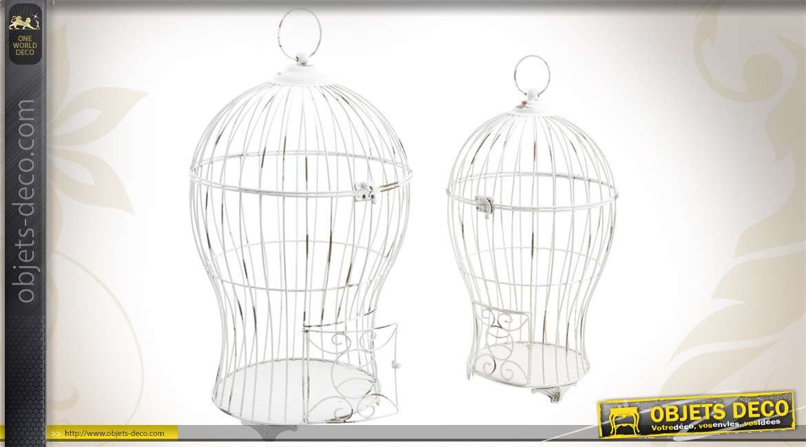 Série de 2 cages à oiseaux décoratives coloris blanc patiné