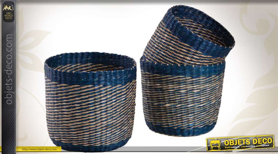 Série de 3 cache-pots en jonc teinté coloris bleu