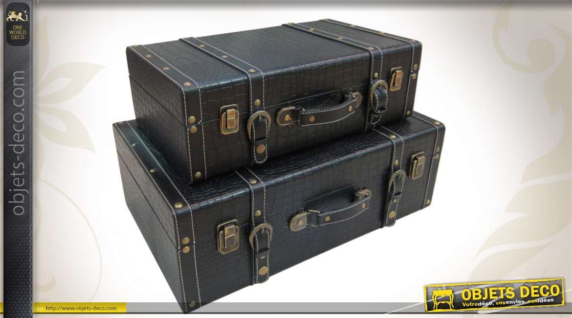 Duo de valises décoratives en bois et similicuir noir