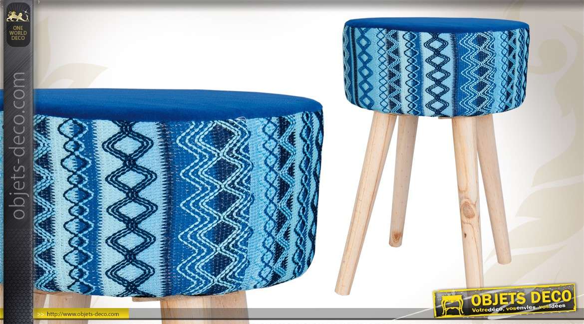 Tabouret en bois avec assise tissu à motifs coloris bleu