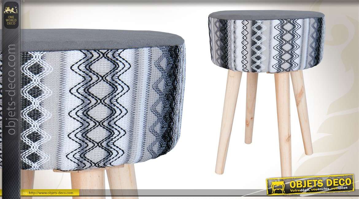 Tabouret en bois avec assise tissu à motifs coloris gris