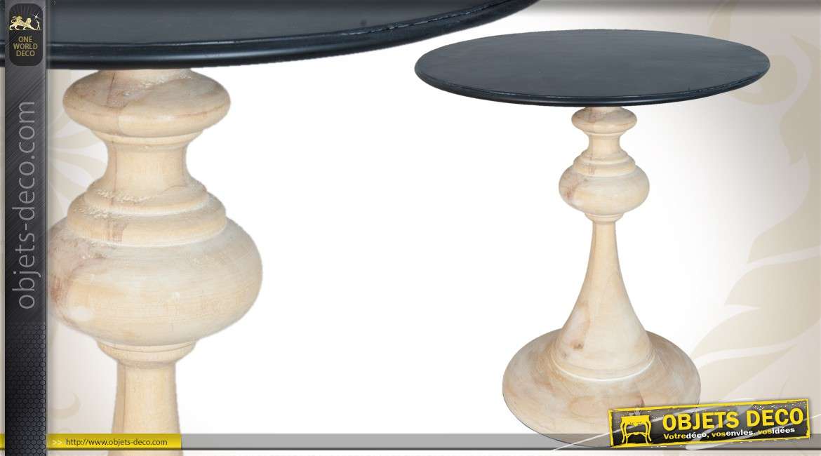 Table déco avec pied en bois tourné et plateau rond