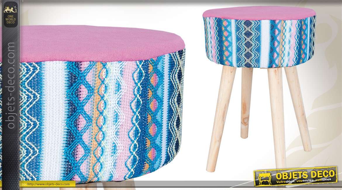 Tabouret en bois avec assise tissu à motifs coloris variés